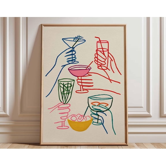 Cocktail Party Line Art Colorful Drinks Wall Art Print, Unframed Paper Poster 8x10in