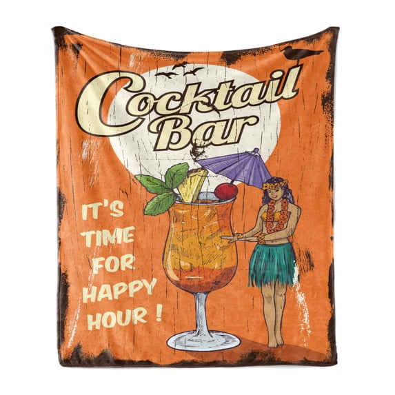 Cocktail Party Soft Flannel Fleece Blanket, Hula Girl with a Cocktail on Wooden Board with Its Time for Happy Hour Text, Cozy Plush for Indoor and Outdoor Use, 60" x 80", Multicolor, by Ambesonne