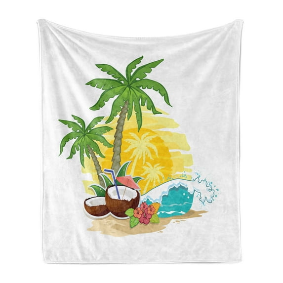 Cocktail Party Soft Flannel Fleece Blanket, Tropical Landscape with Palm Trees and Coconut Drink Summer Travel Vacation, Cozy Plush for Indoor and Outdoor Use, 50" x 60", Multicolor, by Ambesonne