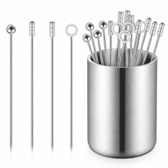 Cocktail Picks 16Pcs Stainless Steel Martini Picks | Reusable Drink Stick with Storage Cup Appetizers Skewers Set for Sandwiches BBQ Snacks Cocktails Olives Fruits