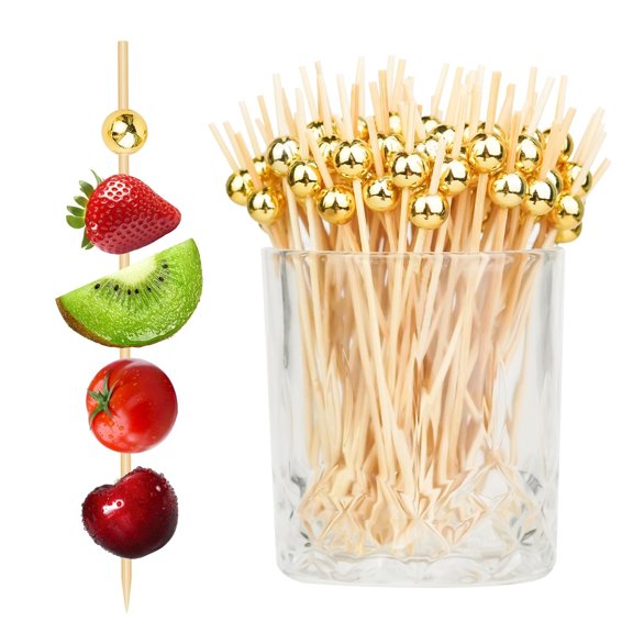 Cocktail Picks, 200 PCS 4.7-Inch Wooden Bamboo Skewers with Gold Ball, Fancy Toothpicks for Appetizers, Drinks, Fruit, and Charcuterie Boards