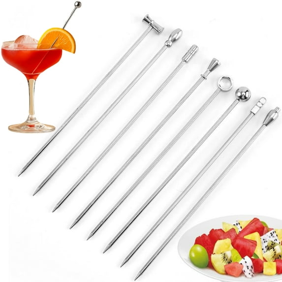 Cocktail Picks, 8 New Styles Stainless Steel Reusable Olive Stuffers Martini Picks set Fruit Toothpicks Garnish Skewers Appetizer Drink Stick for Bar party, Barbeque Snacks, Club sandwiches