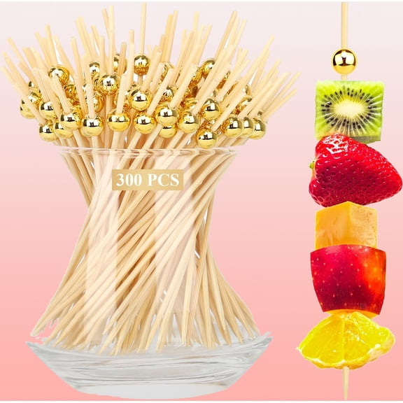 Cocktail Picks, Fancy Toothpicks for Appetizers Drinks Food Fruit, Decorative Bamboo Skewers, Gold Pearl Wooden Garnish Sticks for Charcuterie Boards Accessories Party Supplies