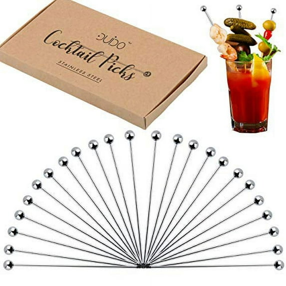 Cocktail Picks Stainless Steel Toothpicks – 8 inch 24 Pack Martini Picks Reusable Fancy Metal Drink Skewers Garnish Swords Sticks for Martini Olives Appetizers Bloody Mary Brandied