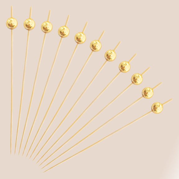 Cocktail Picks, Wooden Toothpicks for Drinks Appetizers with Matt Gold Pearl