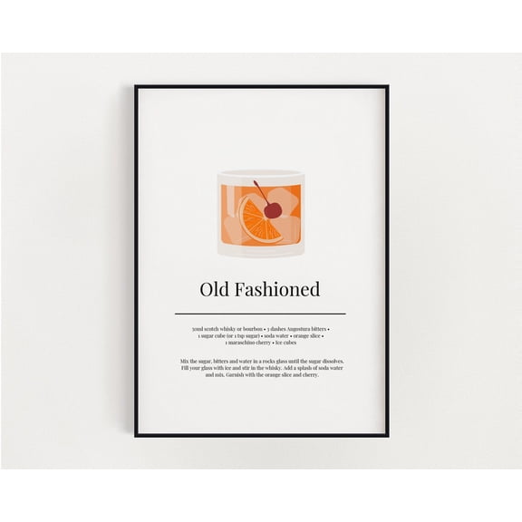 Cocktail Print, Old Fashioned Cocktail Recipe Print, Kitchen Wall Art, Cocktail Recipe Print, Bar Decor, Kitchen Prints, Bar Wall Art Home Decor #3260, Unframed Poster Size 8x12