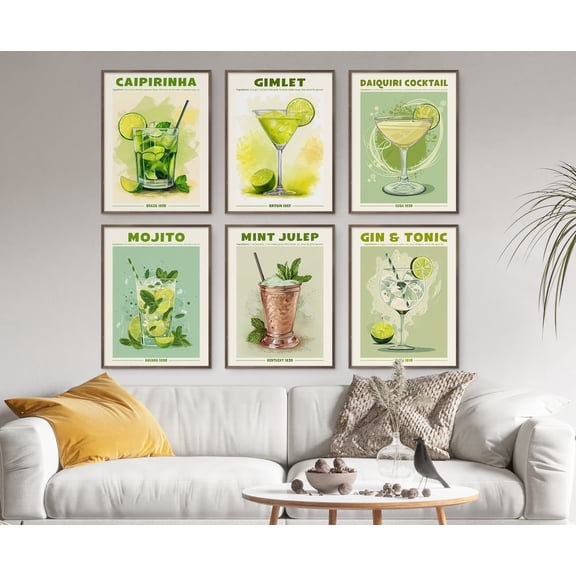 Cocktail Print Set Of 6 Retro Poster Caipirinha Gimlet Daiquiri Mojito Mint Julep Gin Tonic Classic Alcohol Sign Home Bar Recipe Cart Decor, Unframed Poster Size 12x18