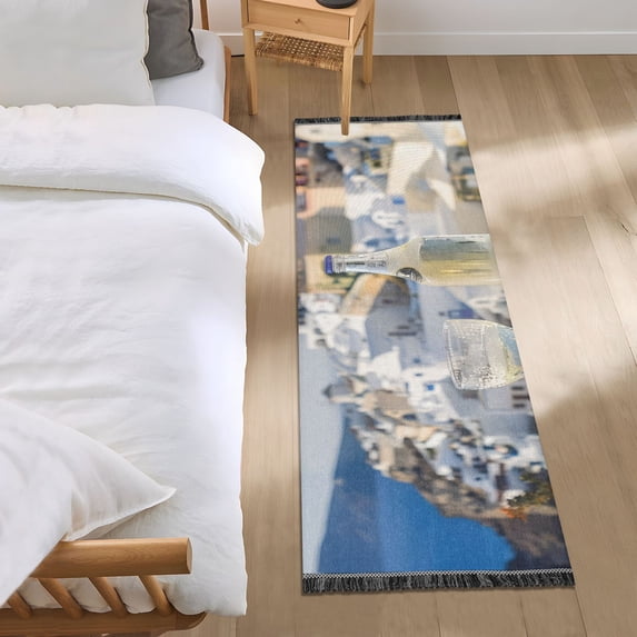 Cocktail Santorini Coastal Buildings Bedside Runner Rug 2'x 6' Non Slip Carpet Floor Mat Area Rug