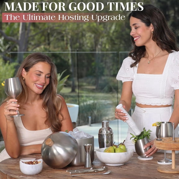 Cocktail Set Bartender Kit with Stainless Steel Ice Bucket - Complete Mixology Bar Tool Set with Wooden Organizer, Cocktail Shaker, Jigger, Muddler, Spoon, Tongs, Pourers, Recipe Cards