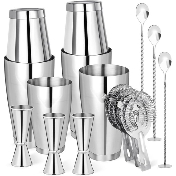 Cocktail Shaker Boston Shaker Set 15 Pcs Professional Bartender Kit Bar Shaker Stainless Steel Drink Shaker Bartending Martini Shaker Tin Mixed Alcohol Shaker Tool for Beginner(Silver)