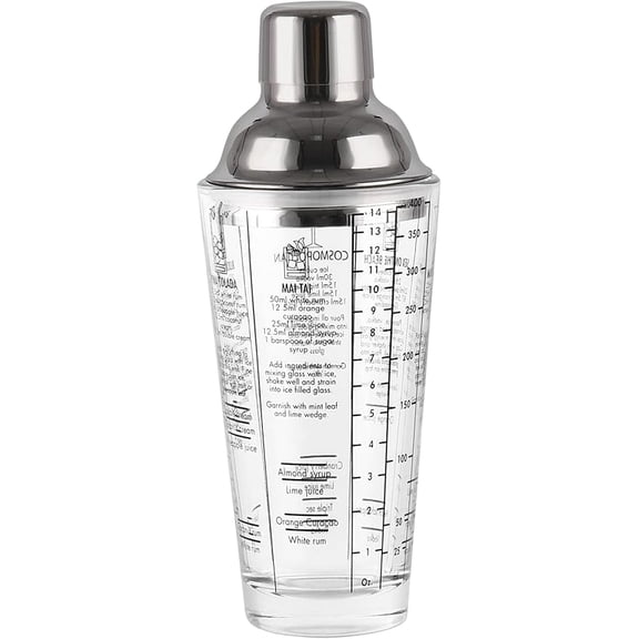 Cocktail Shaker Glass,Martini Shaker With Recipes on Side 13.5oz Mixed Drink Shaker with Glass Cup Professional Bar Tool with Scale Glass