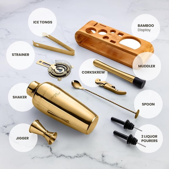 Cocktail Shaker Set: 10-Piece Bartender Kit with Stand | Complete at Home Bar Set with Bar Accessories | Great Housewarming Gift | Leak-Proof Design (Gold)