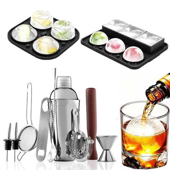 Cocktail Shaker Set - 10 or 17 Piece Bartender Kit with Travel Bag & Silicone Ice Mold, Stainless Steel Bar Tools for Home Mixology