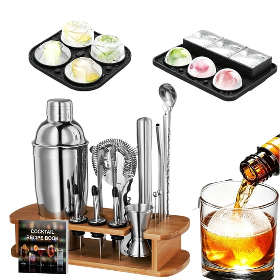 Cocktail Shaker Set - 10 or 17 Piece Bartender Kit with Travel Bag & Silicone Ice Mold, Stainless Steel Bar Tools for Home Mixology