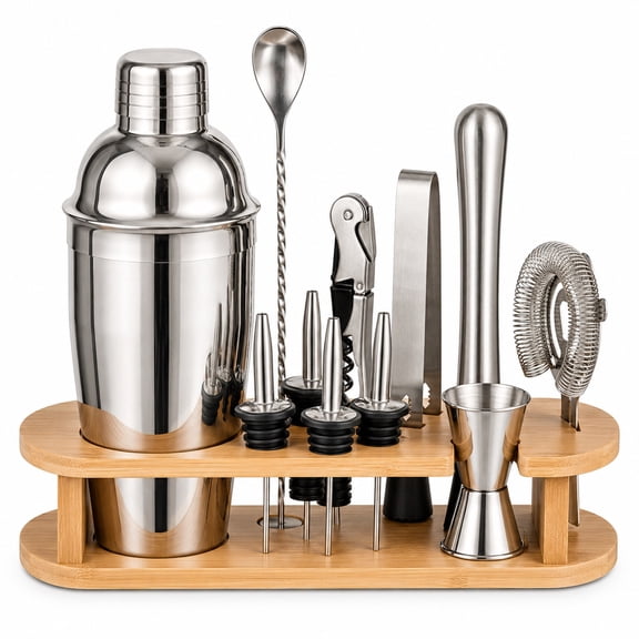 Cocktail Shaker Set, 12 Piece Bartender Kit with Bamboo Stand, 24 oz Stainless Steel Martini Shaker Bar Tool Set with Jigger, Strainer, Muddler, Mixing Spoon, Ice Tongs, Pourers and Corkscrew, Silver