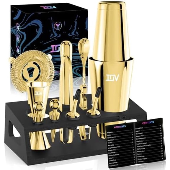 Cocktail Shaker Set: 12-Piece Mixology Bartender Kit Bar Set | 18oz & 28oz Boston Shaker Drink Mixing Tools for Home with Recipe Booklet and Stand | Fun Housewarming Gift (Gold)