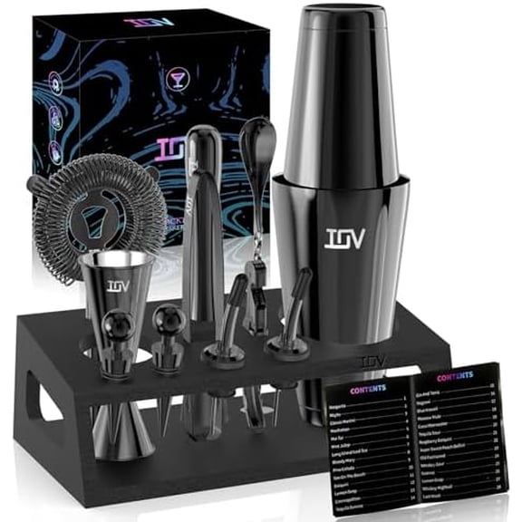 Cocktail Shaker Set: 12-Piece Mixology Bartender Kit Bar Set | 18oz & 28oz Boston Shaker Drink Mixing Tools for Home with Recipe Booklet and Stand | Fun Housewarming Gift (Black)