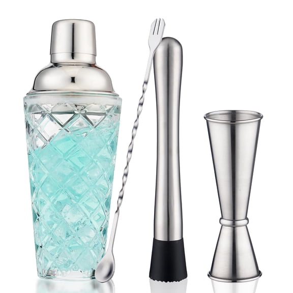 Cocktail Shaker Set 14.2oz Glass Martini With Strainer - Includes Measuring Jigger Mixing Spoon And Muddler For Making Protein Shakes (silver)