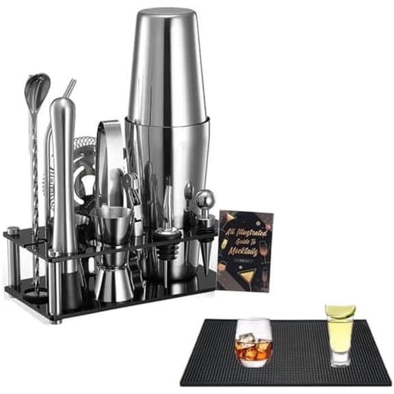 Cocktail Shaker Set, 16-Piece Boston Stainless Steel Bartender Kit with Bar Mats and Bar Set with Acrylic Stand, Professional Bar Tools for Party, Bar, Home (Include Cocktail Recipes Booklet)