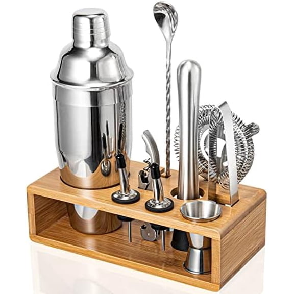 Cocktail Shaker Set, 18/8 Food-Grade Stainless Steel Mixology Bartender Kit 10-Piece Bar Tools with Stylish Bamboo Stand - Rust-Proof & Dishwasher Safe - Professional Martini Shaker Gift for Men, Dad