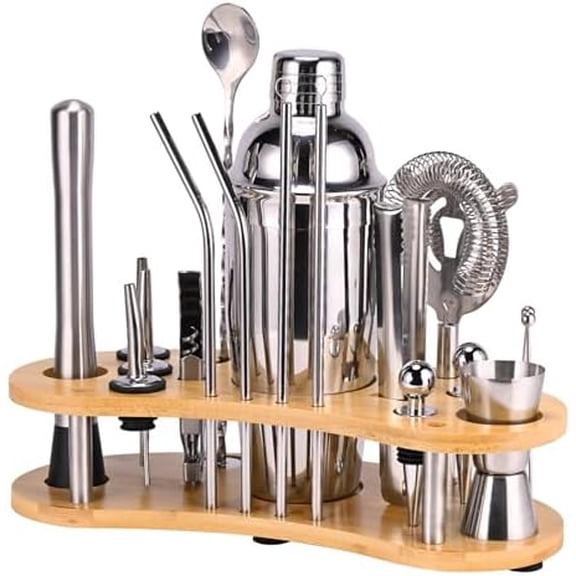 Cocktail Shaker Set, 19 Piece Bartender Kit, Silver, Bar Tool Set with Cocktail Shaker, Mixer Spoon, Measuring Cup, Strainer, Muddler, Corkscrew, Tongs$$Home Decor, Kitchen, & Other