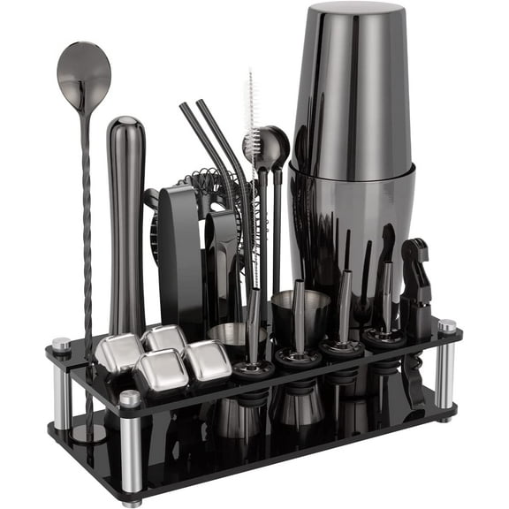 Cocktail Shaker Set, 23-Piece Boston Stainless Steel Bartender Kit with Acrylic Stand & Cocktail Recipes Booklet, Professional Bar Tools for Drink Mixing, Home, Bar, Party - Black
