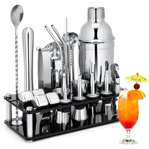 Cocktail Shaker Set, 23-Piece Stainless Steel Bartender Kit with Stand & Cocktail Recipes Booklet, Professional Bar Tools for Drink Mixing, Home, Bar, Party (Include 4 Whiskey Stones)