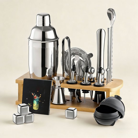 Cocktail Shaker Set,24-Piece Bar Bartender Kit with Stand,Martini Shaker,Jigger,Strainer,Mixer Spoon,Muddler,Liquor Pourers,Tongs,Opener,LCE Ball Mold&LCE Cubes,Bottle Stoppers|Silver