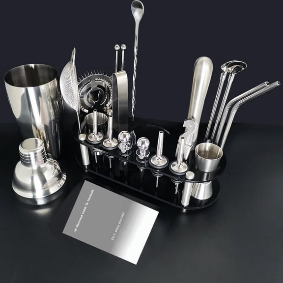 Cocktail Shaker Set, 24oz Cocktail Shaker 21-Piece Stainless Steel Bar Tools Bartending Kit with Black Acrylic Stand Cocktail Recipes Booklet for Drink Mixing, Home, Bar, Party (Stainless Steel)