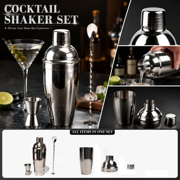 Cocktail Shaker Set 3-Piece With Built-In Strainer And Lid, A Complete Home Bar Tool Kit For Mixing Drinks, Bartending s For Parties And Entertaining, Silver
