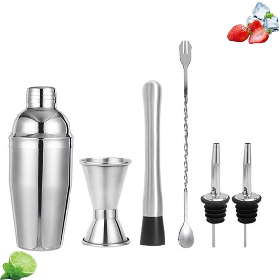 Cocktail Shaker Set 6 Piece Mixology Bartender Kit Bar Tools 750Ml Shaker Strainer Muddler Anti-Rust Stainless Steel Material Crushed Ice Pops, Stirring Spoon, Measuring Cup for Housewarming Gift