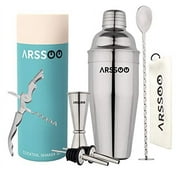 Cocktail Shaker Set 7-Piece Stainless Steel 25.3OZ Martini Shaker Mixology Bartender Kit | Perfect Home Professional Bar Tools for Beginners Drink Mixing & Gifts | ARSSOO Drink Shaker Gift Silver
