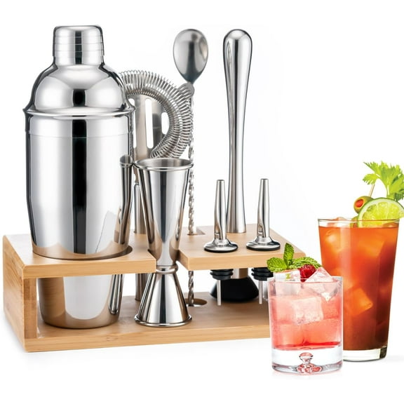 Cocktail Shaker Set, 8-Piece Bartender Kit Include Stand Martini Shaker Jigger Strainer Muddler Mixer Spoon Pour, Home Bar Accessories Tools for Drinks Mixing, Stainless Steel Silver