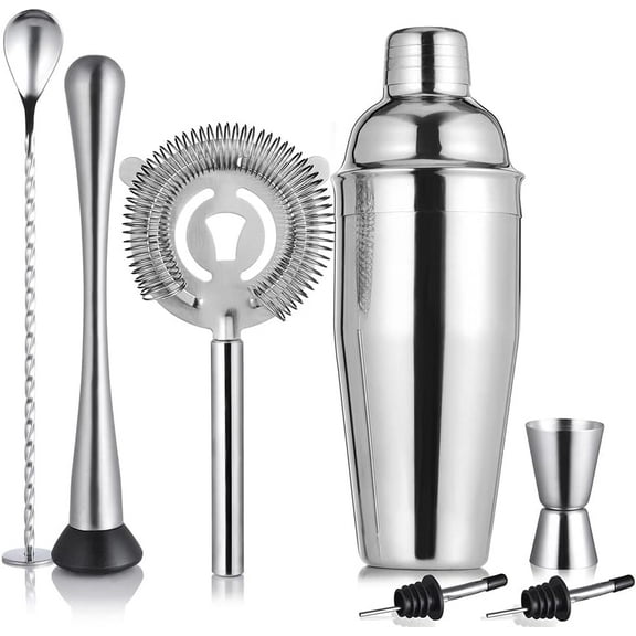 Cocktail Shaker Set Stainless Steel & Bar Set, Bartender Kit Mixology Drink Mixer, Bartending Tools Gifts: Martini Shaker 24oz, Muddler, Strainer, Measuring Jigger, Alcohol Pourer, Mixing Spoon