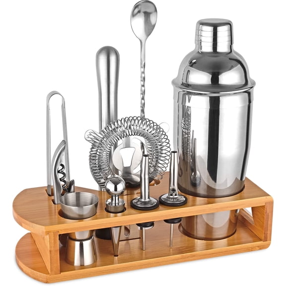 Cocktail Shaker Set Bartender Kit : 12-Piece Bar Tool Set with Bamboo Stand | Bars Set with All Practical Bar Accessories, for Drink Mixing, Bar, Home, Lounge & Party (Silver)