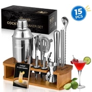Cocktail Shaker Set Bartender Kit, 15Pcs Stainless Steel Drink Mixer Set, Bar Set with Bar Accessory Tools Martini Shaker, Jigger, Strainer, Mixer Spoon, Muddler, Liquor Pourers-Silver