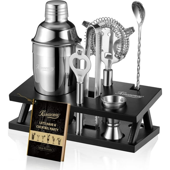 Cocktail Shaker Set Bartender Kit, 6-Piece Silver Bar Set with Stand, Bar kit with Essential Bar Accessory Tools: Martini Shaker, Jigger, Strainer, Bar Spoon, Tongs, Opener