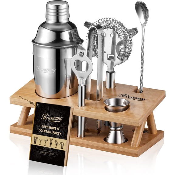 Cocktail Shaker Set Bartender Kit, 6-Piece Silver Bar Set with Stand, Bar kit with Essential Bar Accessory Tools: Martini Shaker, Jigger, Strainer, Bar Spoon, Tongs, Opener