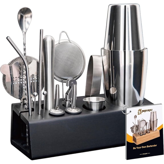 Cocktail Shaker Set Bartender Kit with Bamboo Stand, 15-Piece Stainless Steel Bar Set Accessories, Professional Bartending Kit Home Bar Tools Set with Recipes (Matte Black, Natural Wood Stand)