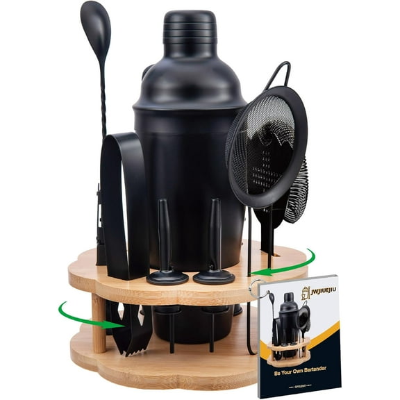 Cocktail Shaker Set Bartender Kit with Rotatble Bamboo Stand,11 Piece Bar Set Stainless Steel Bar Accessories for Drink Mixing, Bar, Home, Party (Frosted Black)