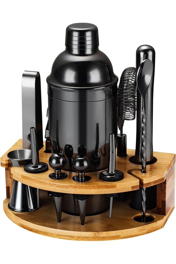 Cocktail Shaker Set Bartender Kit with Stand, 12 Piece Bar Set Drink Mixer Set with Stainless Steel Bar Accessories Tools: 25oz Martini Shaker Jigger Strainer Spoon Muddler for Cocktails (Black)