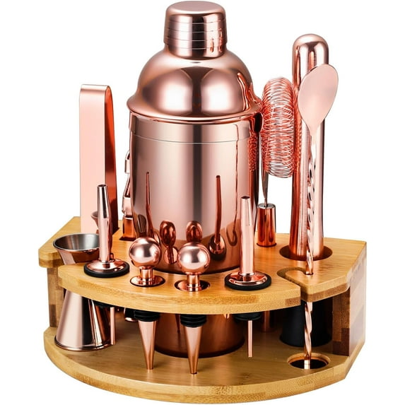 Cocktail Shaker Set Bartender Kit with Stand, 12 Piece Bar Set Drink Mixer Set with Stainless Steel Bar Accessories Tools: 25oz Martini Shaker Jigger Strainer Spoon Muddler for Cocktails (Rose Gold)