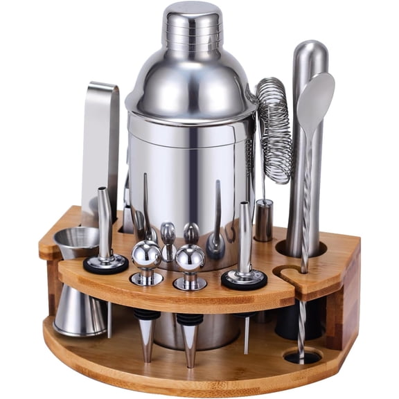 Cocktail Shaker Set Bartender Kit with Stand, 12 Piece Drink Mixer Set with Stainless Steel Bar Accessories Tools: 25oz Martini Shaker Jigger Strainer Spoon Muddler for Cocktails (Silver)