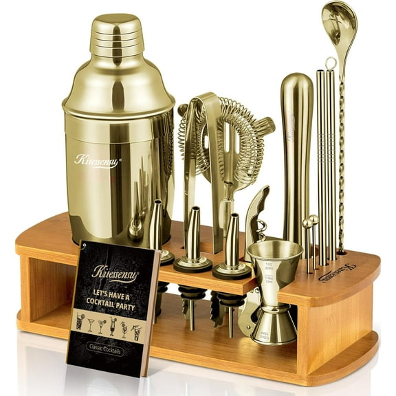 Cocktail Shaker Set Bartender Kit with Stand | Bar Set Drink Mixer Set with All Essential Accessory Tools: Martini Shaker, Jigger, Strainer, Mixer Spoon, Muddler |Champagne Gold