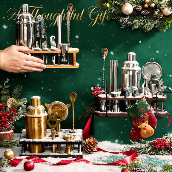 Cocktail Shaker Set Bartender Kit with Stand | Bar Set Drink Mixer Set with All Essential Accessory Tools: Martini Shaker, Jigger, Strainer, Mixer Spoon, Muddler, Liquor Pourers |Silver