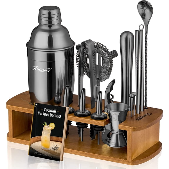 Cocktail Shaker Set Bartender Kit with Stand | Bar Set Drink Mixer Set with All Essential Bar Accessory Tools: Martini Shaker, Jigger, Strainer, Mixer Spoon, Muddler, Liquor Pourers | Black