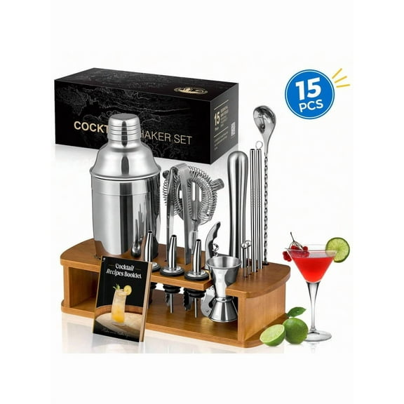 Cocktail Shaker Set Bartender Kit With Stand - Drink Mixer Bar Set With All Essential Bar Accessory Tools - Martini Shaker Jigger Strainer Mixer Spoon Muddler Liquor Pourers