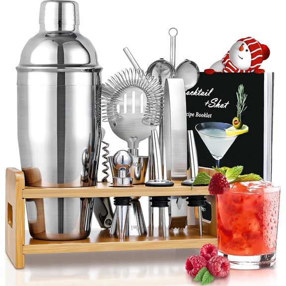 Cocktail Shaker Set Bartender Kit, Visualz 15Pcs Bartender Shaker Set, 304 Stainless Steel Martini Shaker and Strainer, Bar Tool Set with Bamboo Stand, Recipe Book, for Home and Bar Party