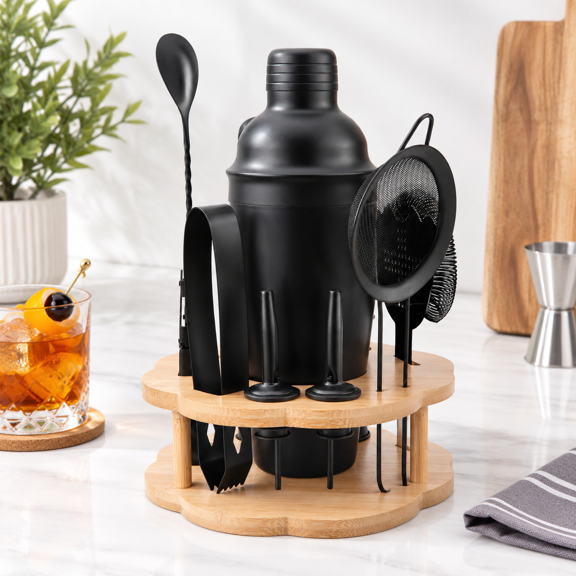 Cocktail Shaker Set Bartender Kit With Rotatble Stand 1bar Stainless Steel Accessories For Drink Mixing Home Party (frosted Black