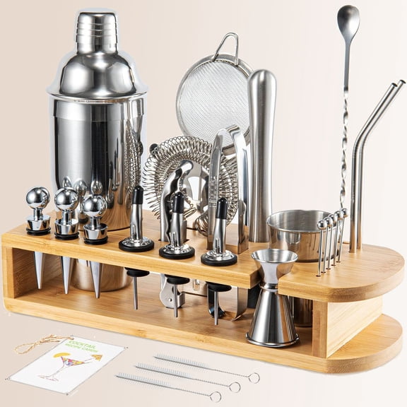 Cocktail Shaker Set, Premium Mixology Bartender Kit - Stainless Steel Bar Set with Bamboo Stand - Includes Mixing Tin, Hawthorne & Mesh Strainer - Professional Gift